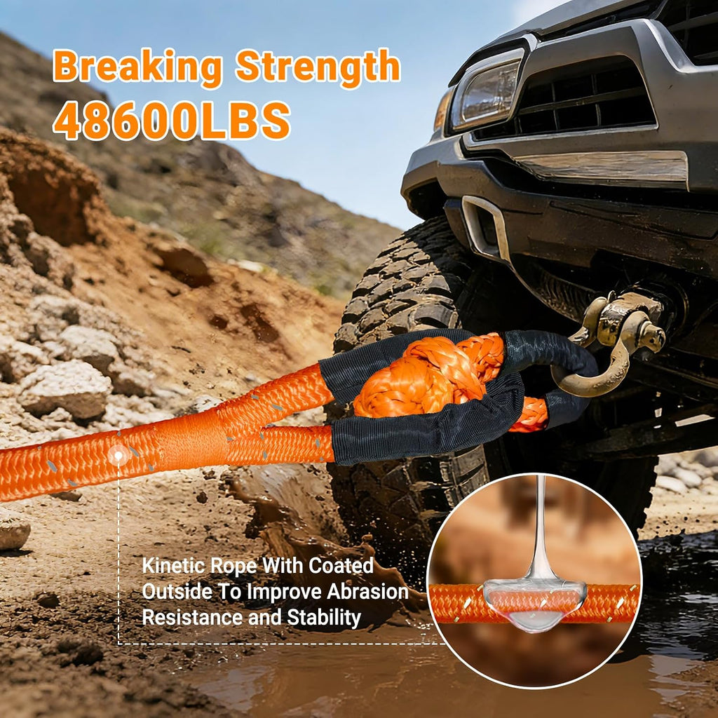 Kinetic Recovery Rope 7/8" x 30ft, 48600lbs Breaking Strength Kinetic Tow Rope,Heavy Duty Recovery Rope with 2pcs