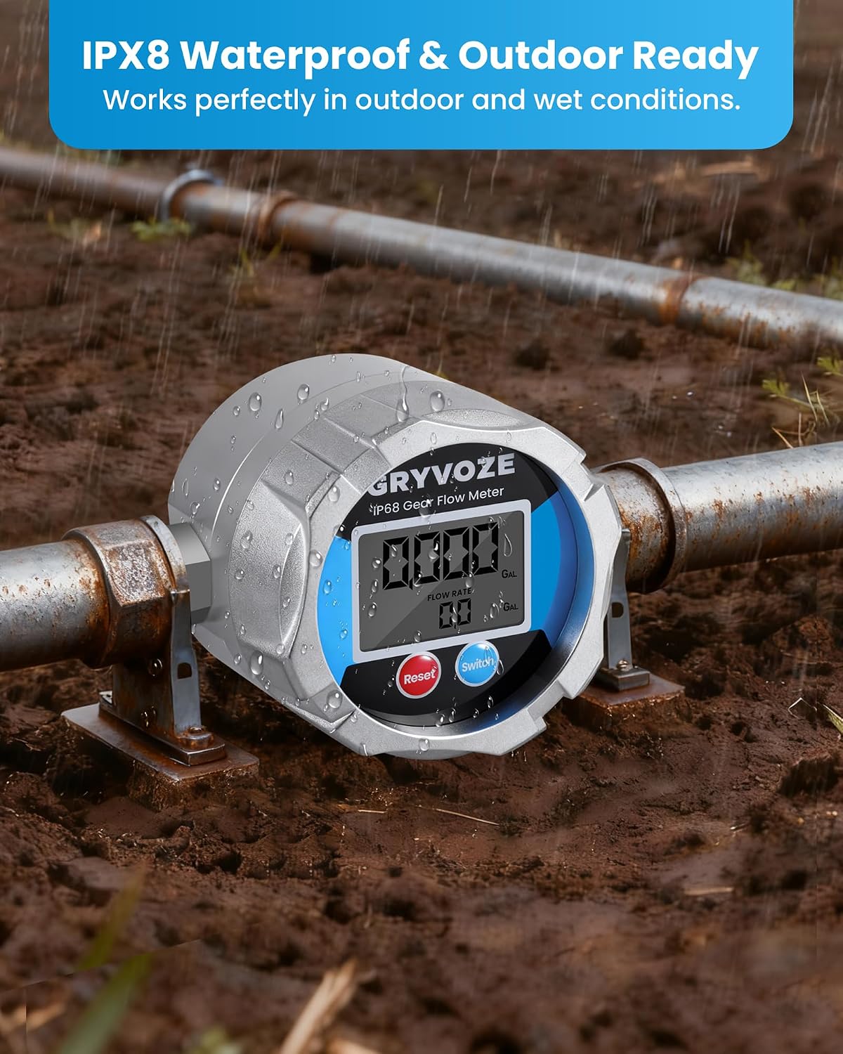 1/4 in NPT Digital Gear Flow Meter, 0.026-5.28 GPM, 0.5% Accuracy