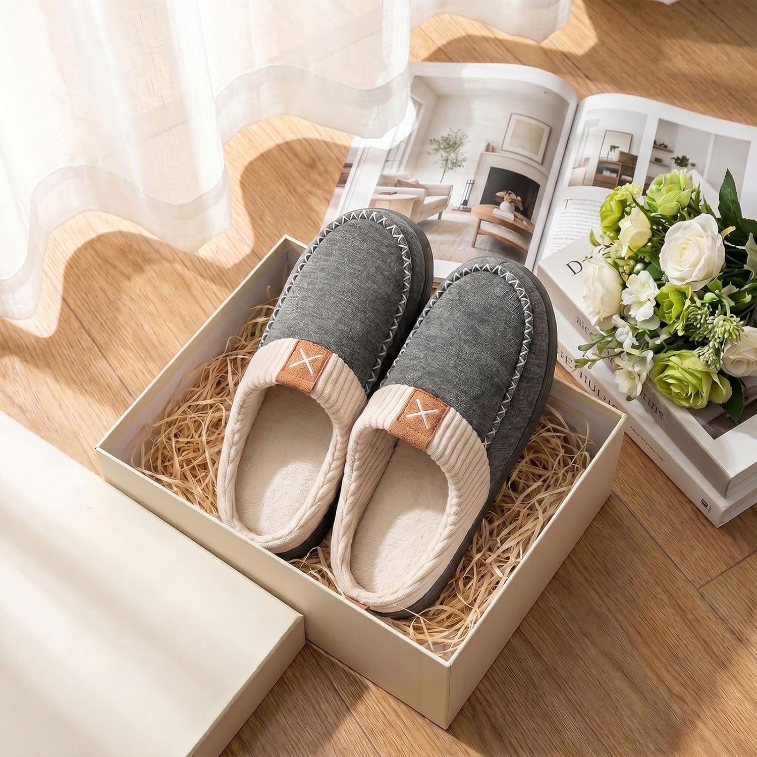 Womens Felt Sherpa Warm Slippers Bedroom Cozy Memory Foam Moccasin House Shoes with Fuzzy Plush Lining for Winter