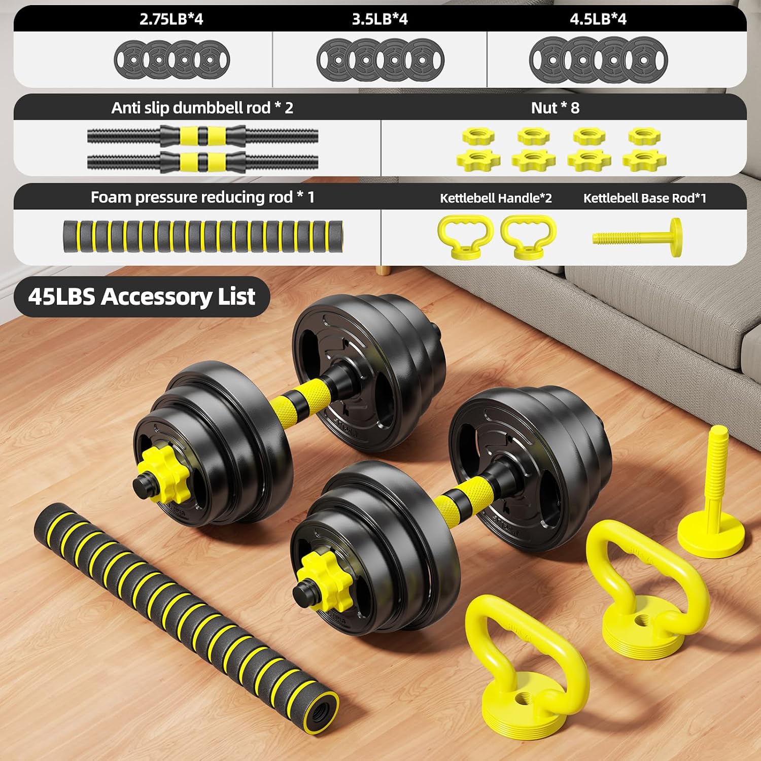 Adjustable Dumbbell Set, 10-90lbs Free Weights with Connector – 4 in 1 Dumbbells, Barbell, Kettlebell & Push Up