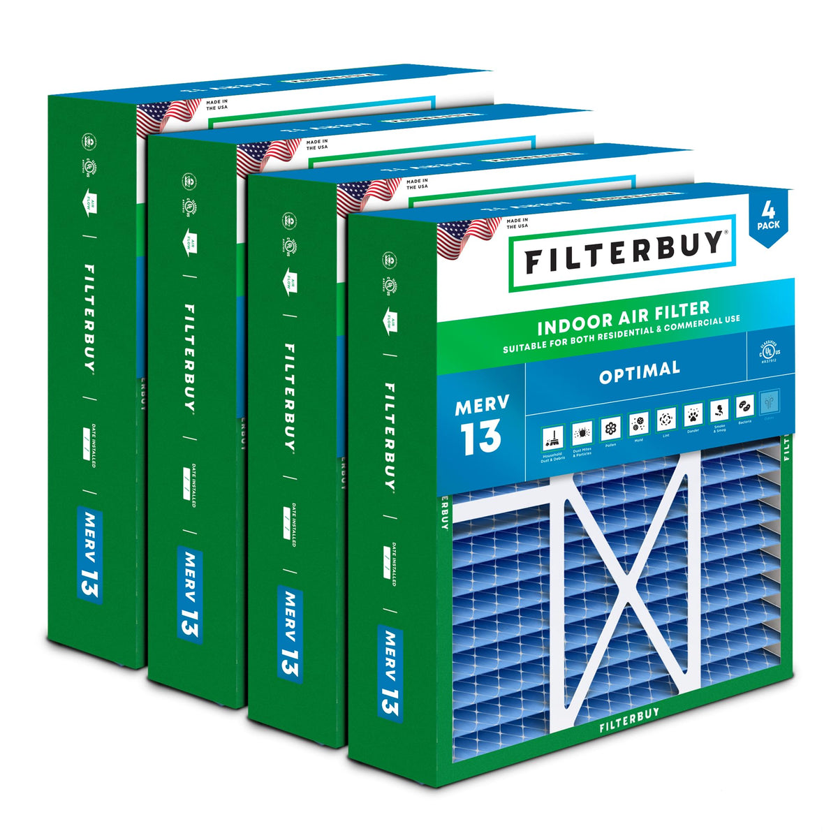 16x20x5 Air Filter MERV 13 Smoke & Allergy Defense (4-Pack)