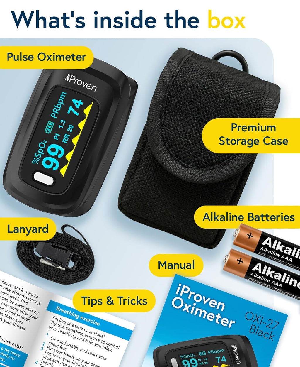 iProven Pulse Oximeter Fingertip Blood Oxygen Saturation Monitor, OXI-27 | Pulse Rate & Respiratory Rate Monitor