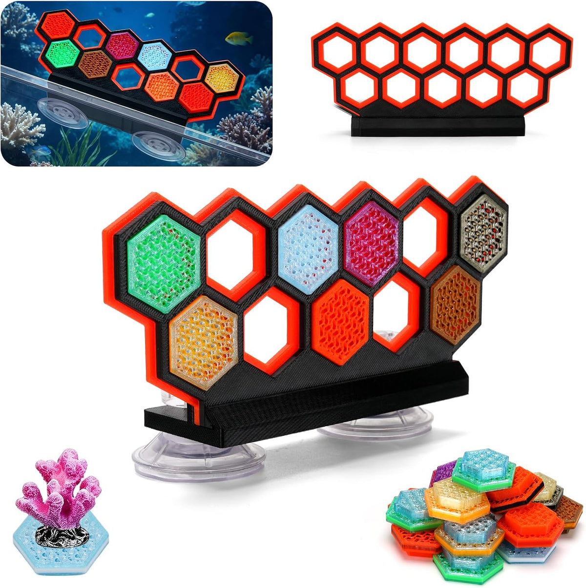 11-Hole Fluorescent Hex Coral Frag Rack with Suction Cups，Aquarium Stand
