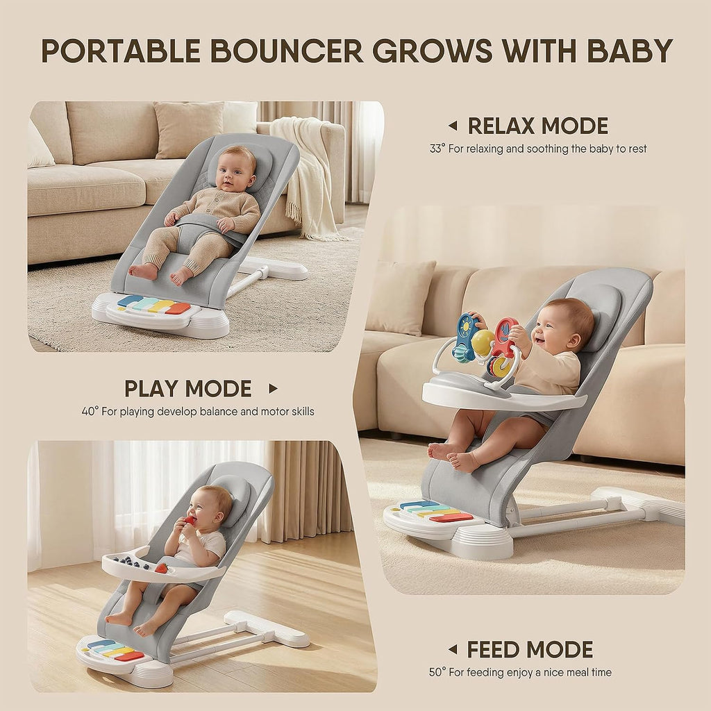 Baby Bouncer, Easy to Assemble Baby Bouncer Seat with Feeding Tray | 3 Adjustable Positions, Detachable Piano &