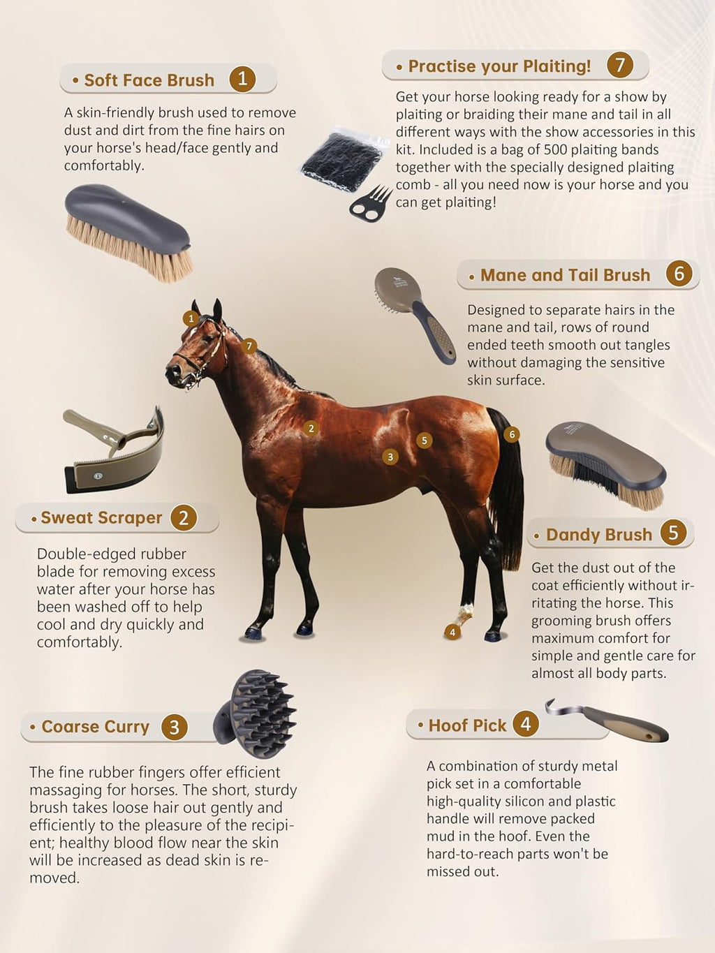 Horse Grooming Kit, 7 Piece Horse Brush Set with Curry Comb, Hoof Pick, Sweat Scraper & Bag Brown