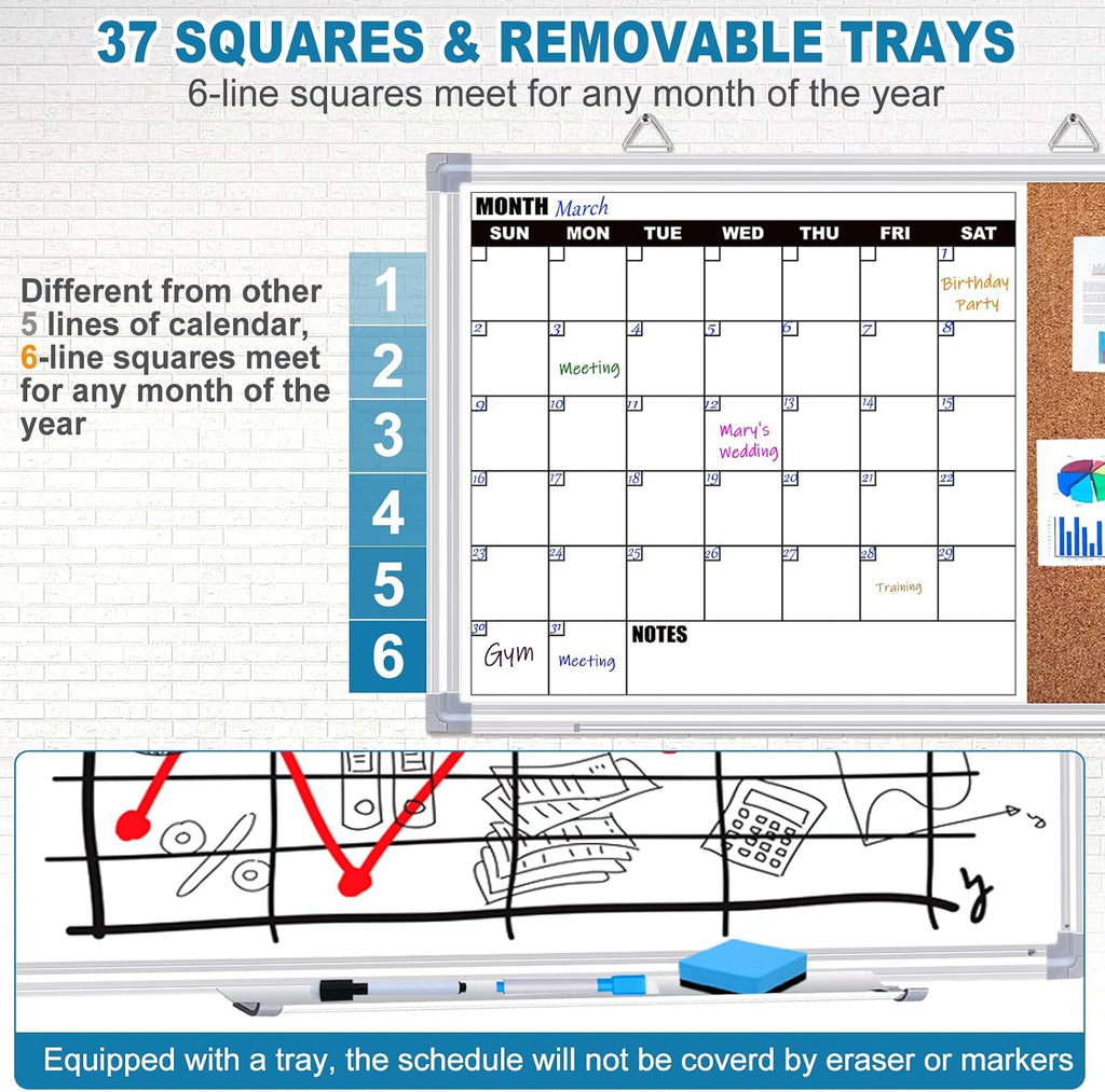 Calendar Whiteboard for Wall, 17" x 13" Double Sided Monthly Dry Erase Board Calendar for Office, Home, School