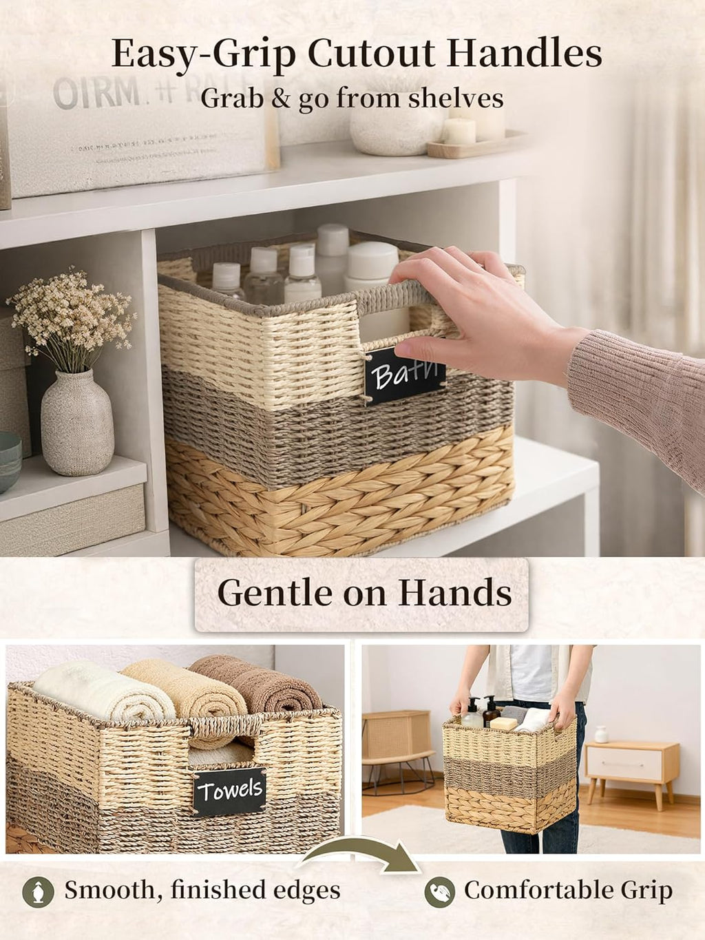 Storage Basket, 10.5x10.5x10.5 Inch Storage Cubes, Water Hyacinth Wicker Basket for Storage, Handmade Woven Baskets