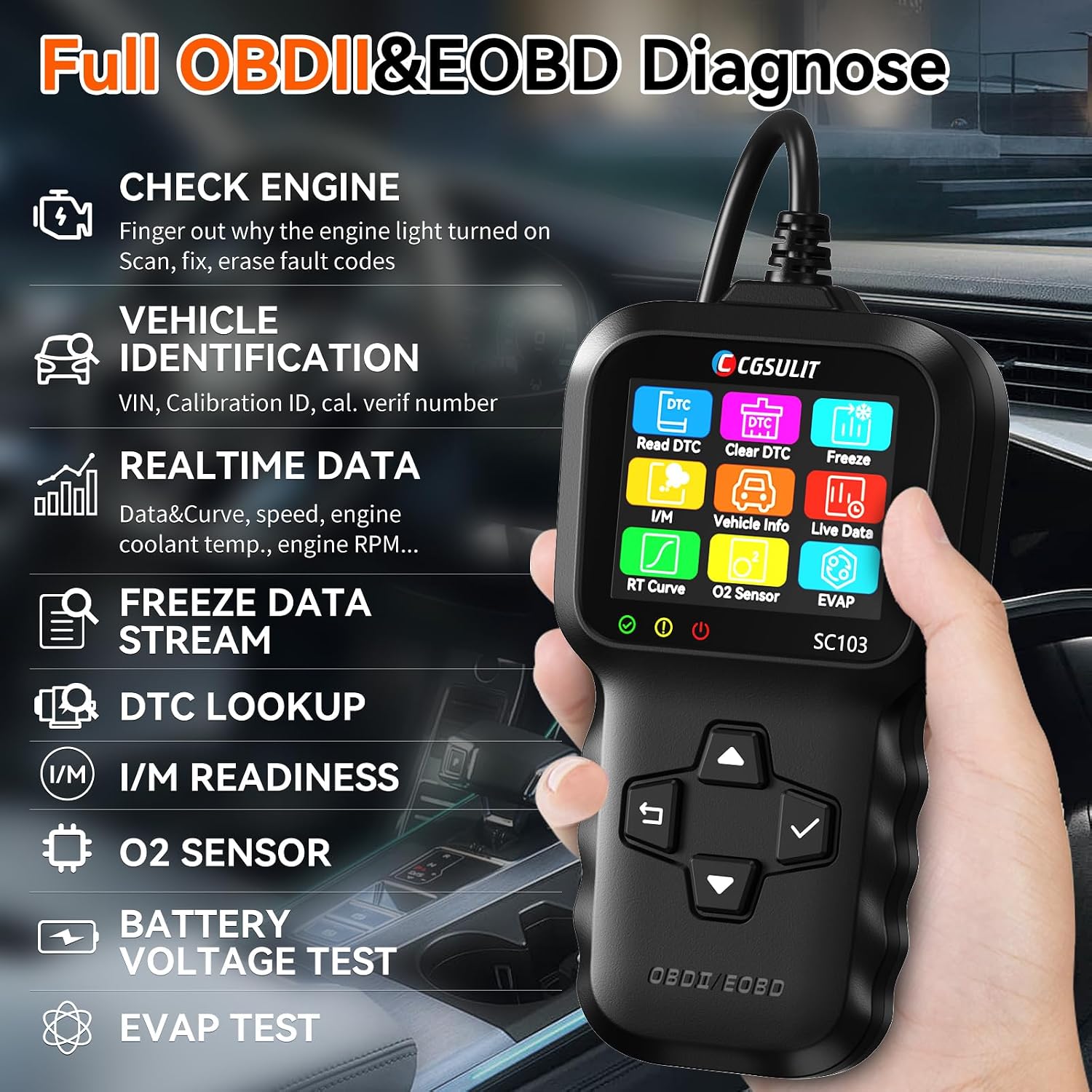 OBD2 Scanner, CGSULIT SC103 Car Code Reader Diagnose Check Engine Light Smog Check DTCs Scan Tool Live Data Stream