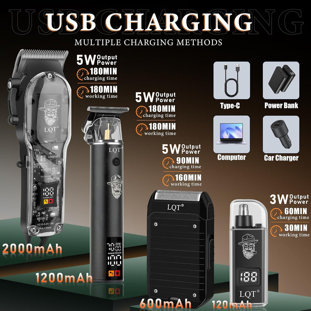 Professional Barber Kit for Men, Cordless Hair Clipper, Trimmer & Shaver Set with LED Display, USB-C Rechargeable