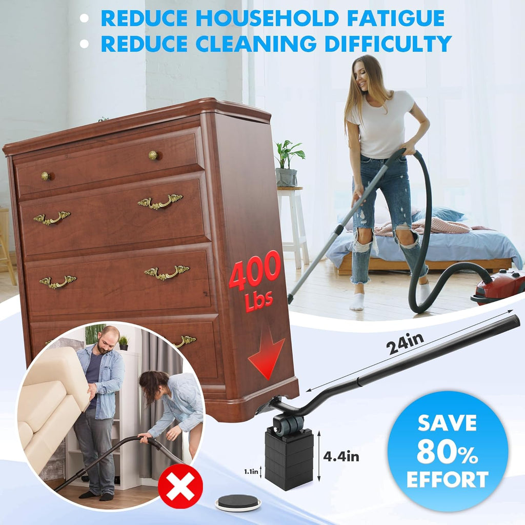 Furniture Lifter Tool + 8-Pack of 3.5" Sliders, Save 80% Effort, Safely and Easily, The Lift and Glide Tool Set for