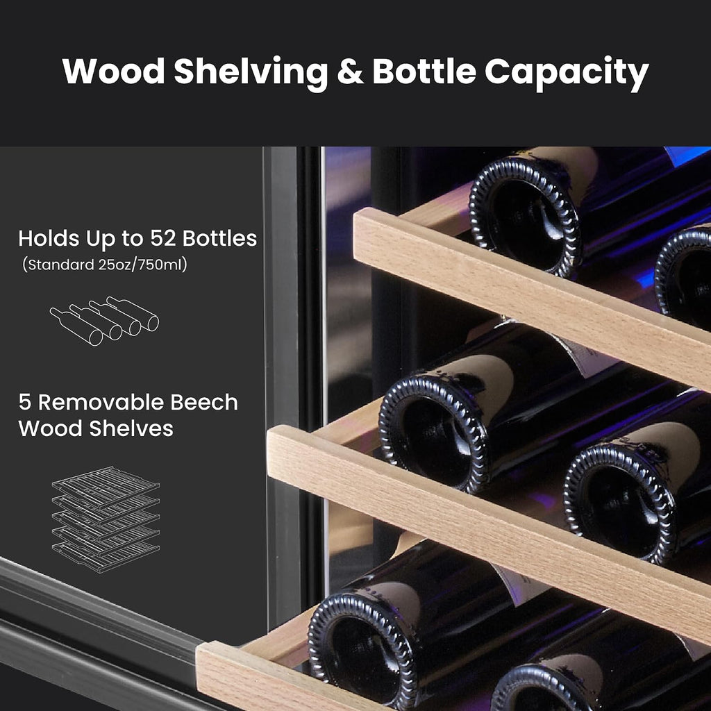 24 Inch Wine Fridge, 52 Bottle Dual Zone Wine Cooler with Left Hinged