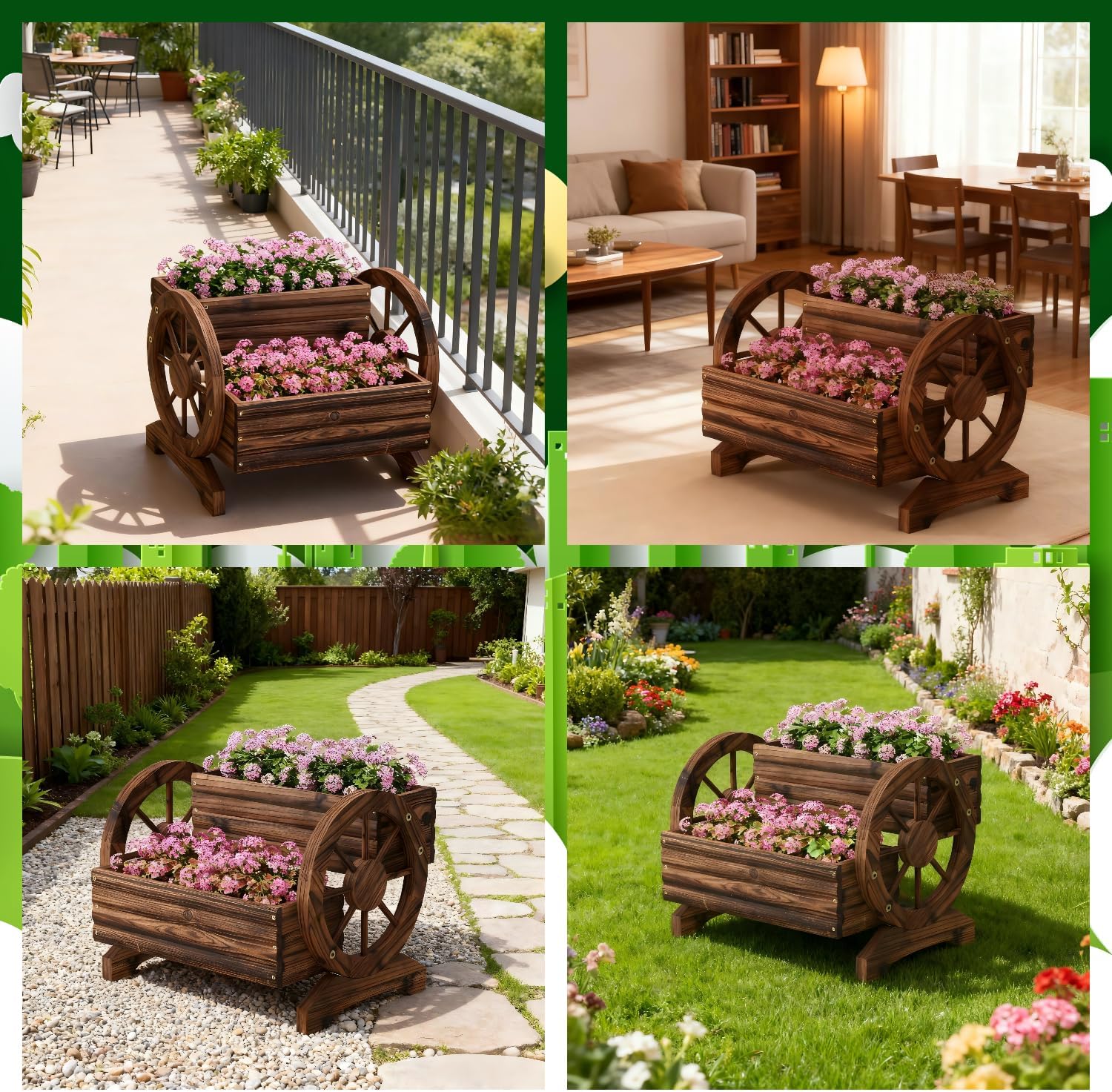 Wooden Wagon Planter Cute Garden Flower Pots Cart with wheels, Outdoor Decoration decor Indoor, Drainage hole, Garden