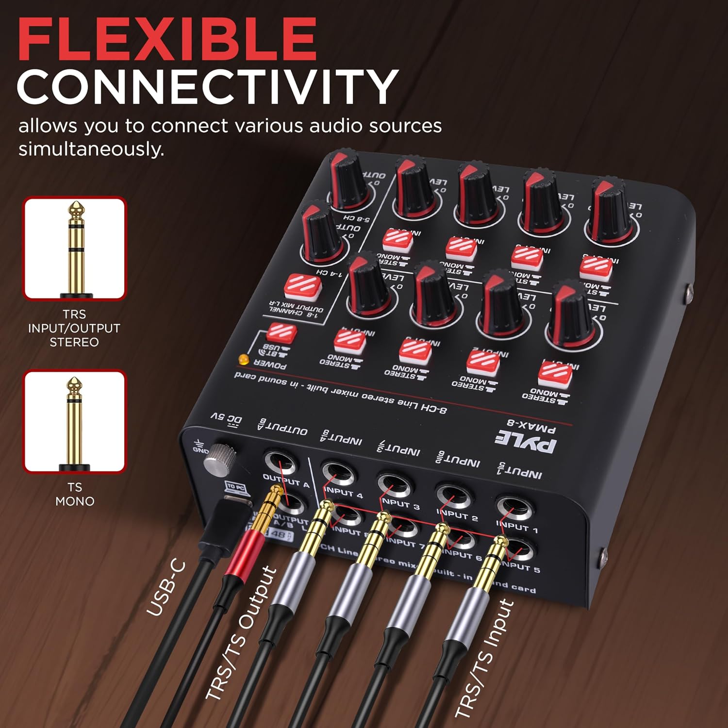 8-Channel Bluetooth Mini Line Mixer with USB Audio Interface - 8 Mono/Stereo Switching Inputs | Ultra-low Noise