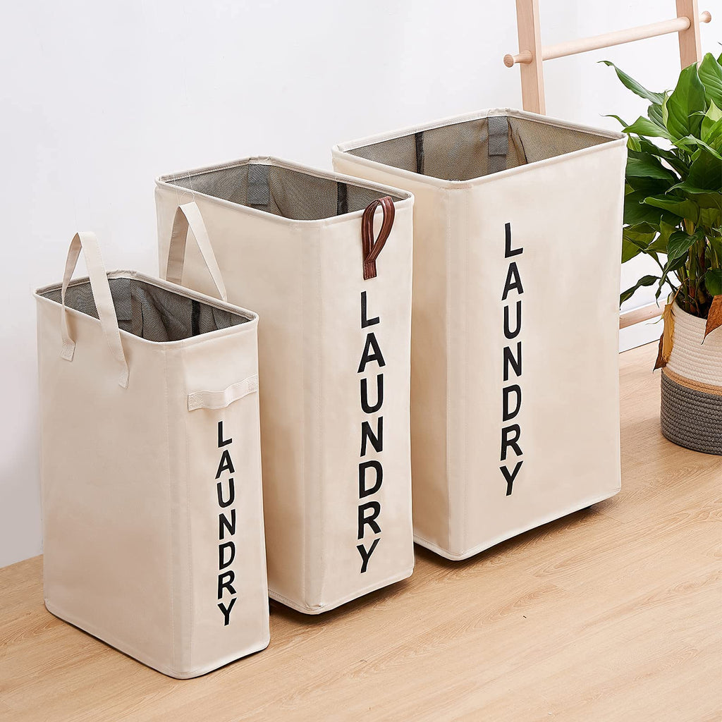 70L Large Rolling Laundry Hamper - Tall Narrow Basket With Wheels, Slim Clothes Bin, 27.5" Beige
