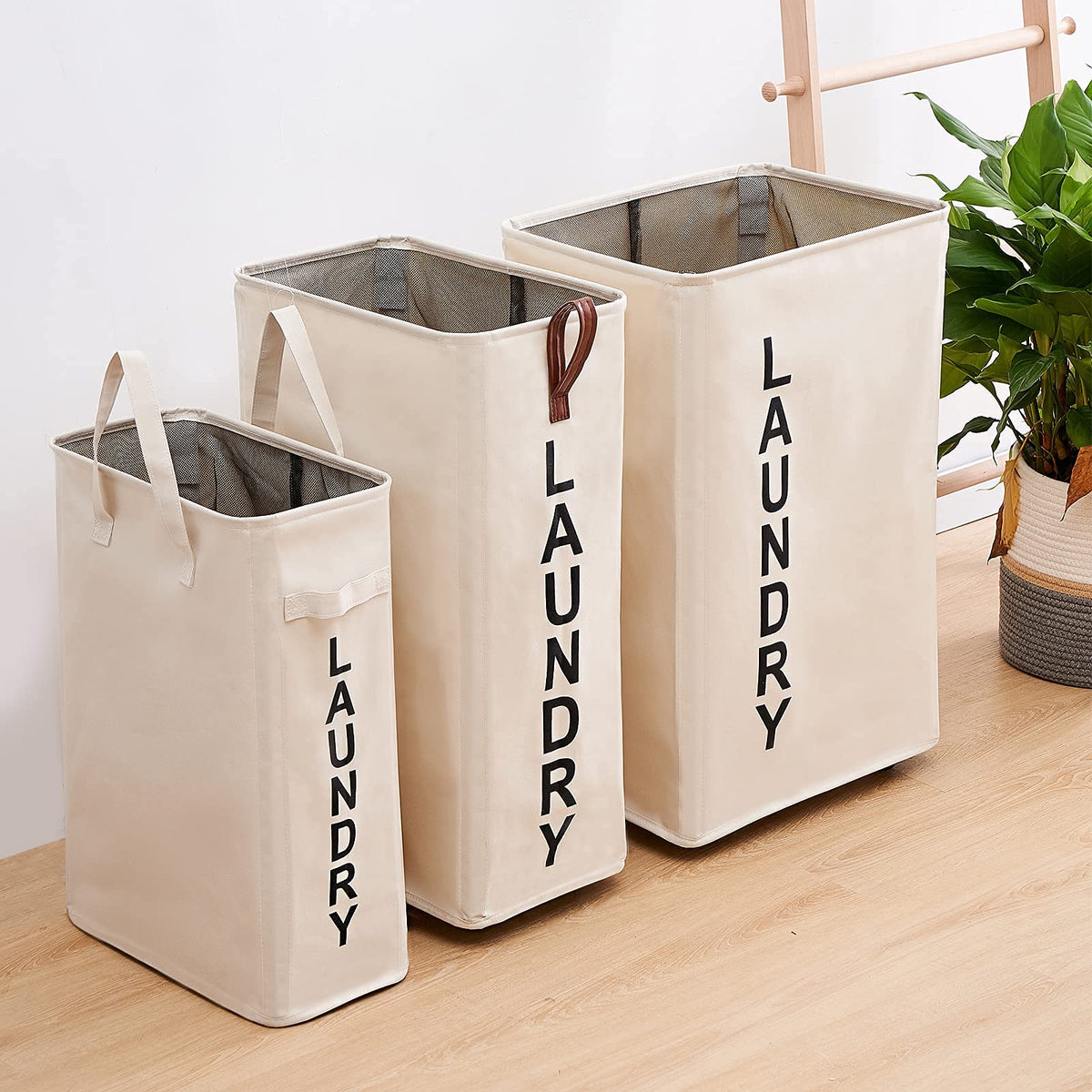 70L Large Rolling Laundry Hamper - Tall Narrow Basket With Wheels, Slim Clothes Bin, 27.5" Beige