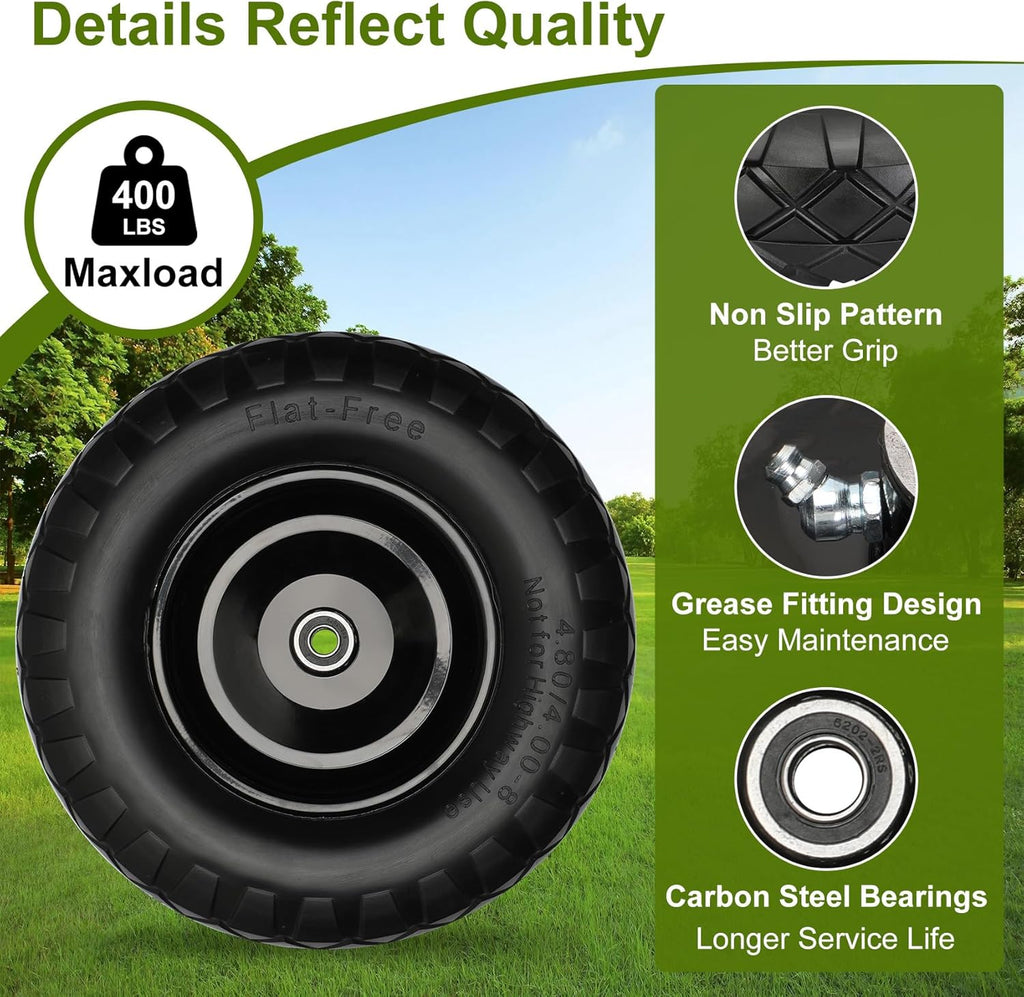 Upgraded 16" Flat Free Wheelbarrow Wheels and Tires, 4.80/4.00-8 Solid Tires with 5/8" & 3/4" Bearings,14"-16"
