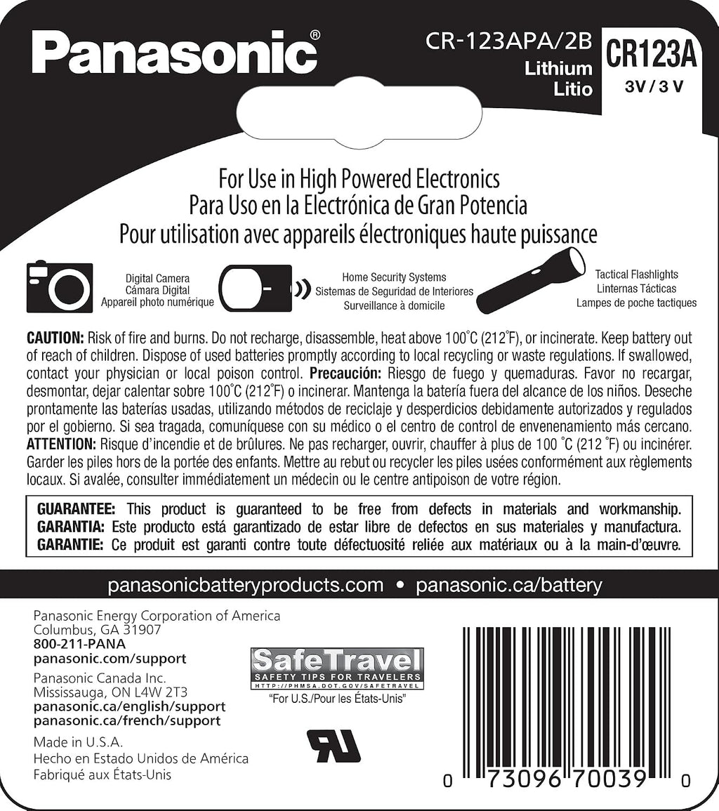 Panasonic CR123A 3V Long Lasting Lithium Batteries for Tactical Flashlights, Home Security Systems, Cameras, Lighting