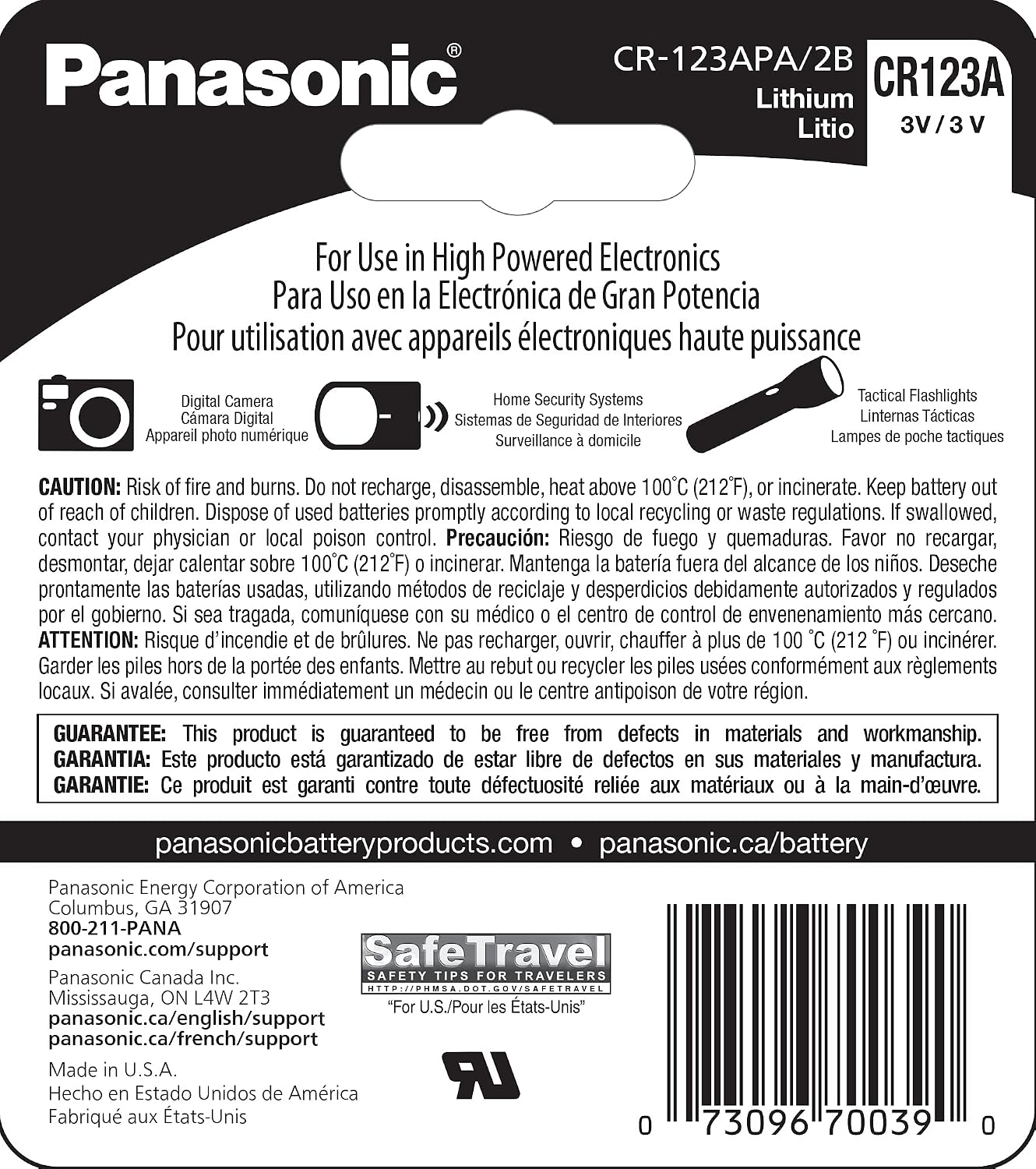 Panasonic CR123A 3V Long Lasting Lithium Batteries for Tactical Flashlights, Home Security Systems, Cameras, Lighting