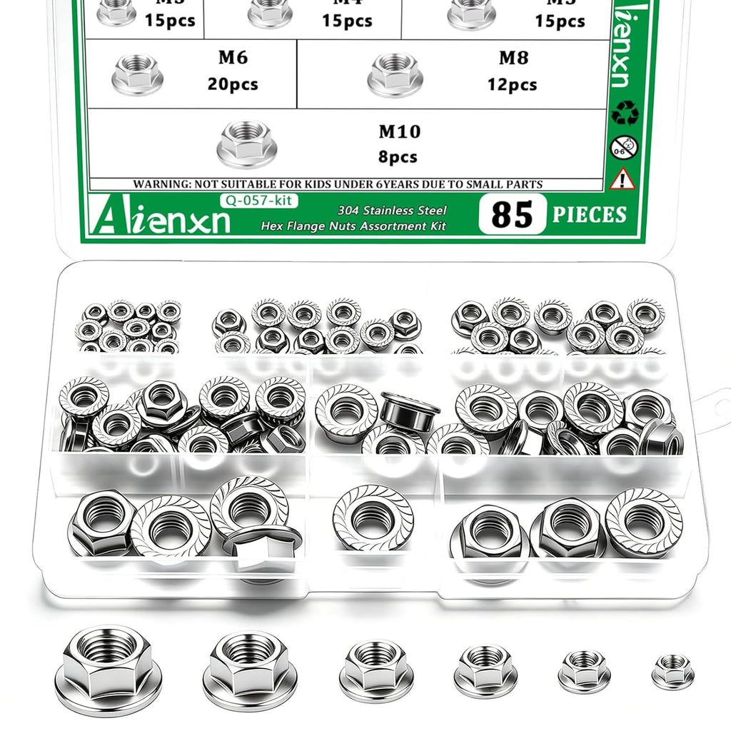 85PCS Hex Flange Nuts Assortment, 304 SS, 6 Metric Sizes M3-M10