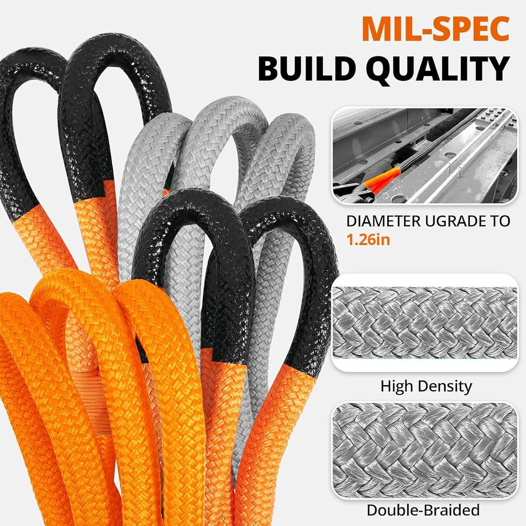 Kinetic Recovery Tow Rope: 1.26" x 30ft Snatch Strap with Soft Shackles Heavy Duty Offroad Towing Straps Kit for