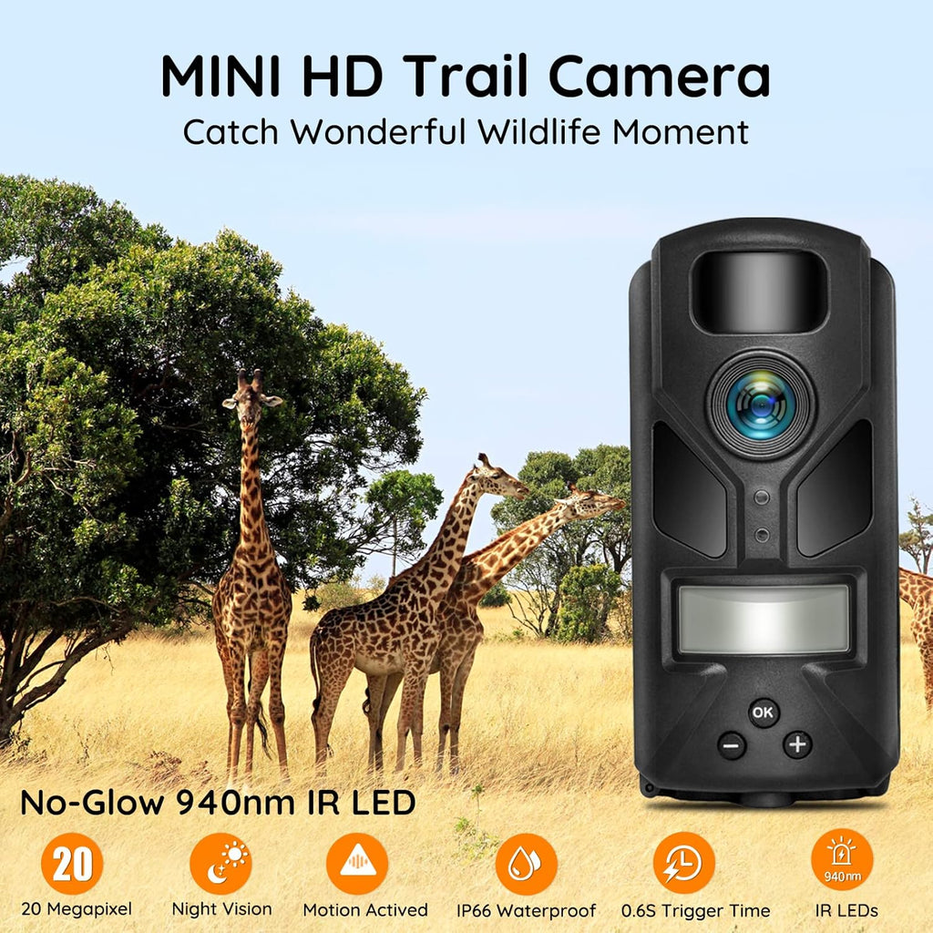 Game Camera 20MP Mini, 1080P Hunting Trail Camera with No Glow 940nm Night Vision, Motion Activated, IP66 Waterproof