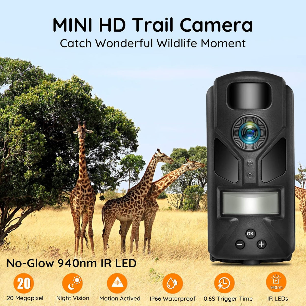 Game Camera 20MP Mini, 1080P Hunting Trail Camera with No Glow 940nm Night Vision, Motion Activated, IP66 Waterproof