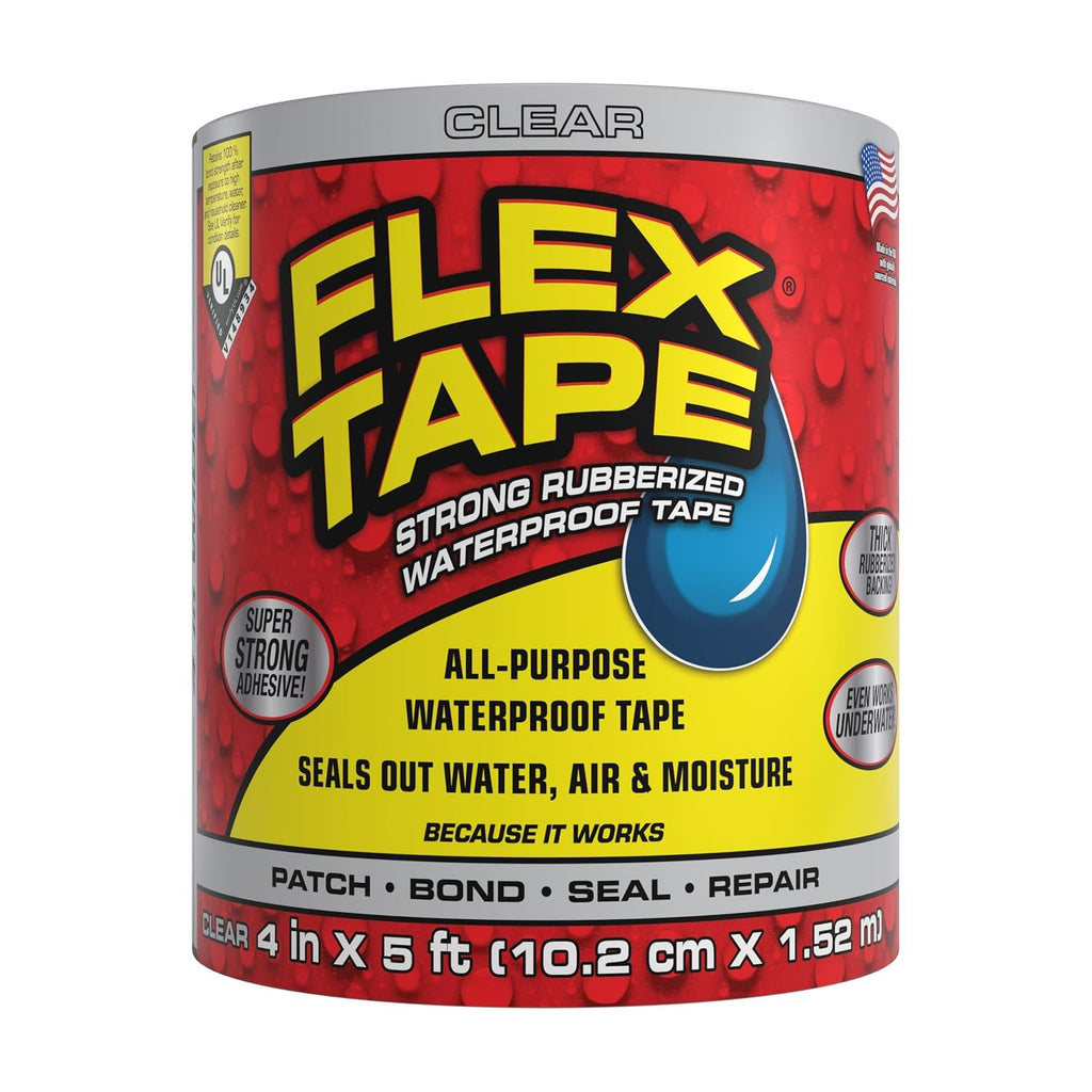 Flex Tape Strong Rubberized Waterproof Tape, Clear, 4 in x 5 ft, 1-Pack