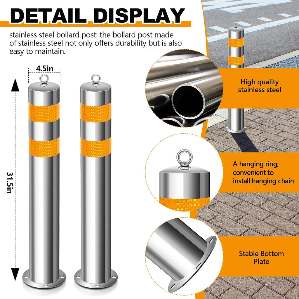 31.5 Inch Stainless Steel Bollard Post with Anchor Bolts Parking Barrier Block Safety Bollard Covers with Reflective
