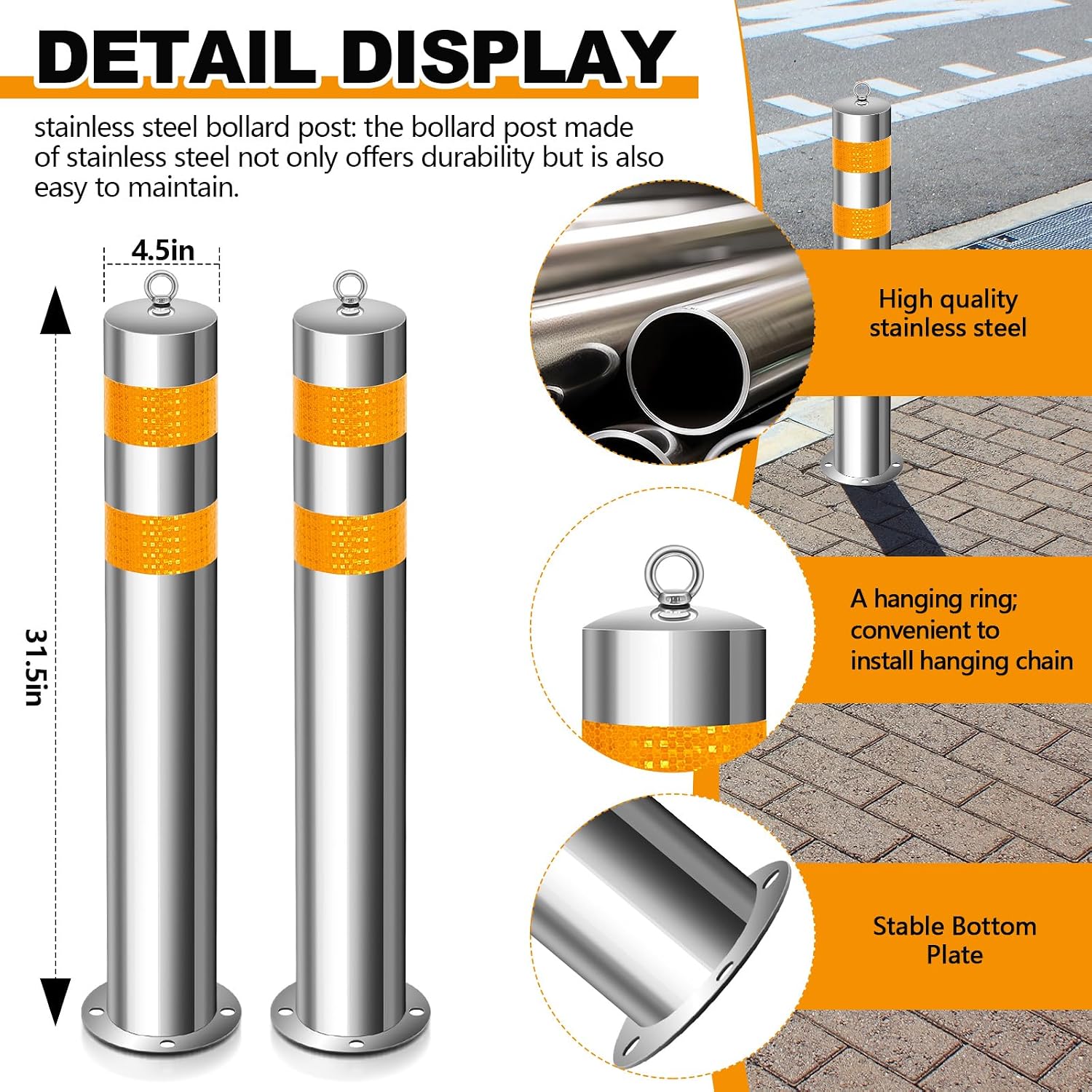 31.5 Inch Stainless Steel Bollard Post with Anchor Bolts Parking Barrier Block Safety Bollard Covers with Reflective