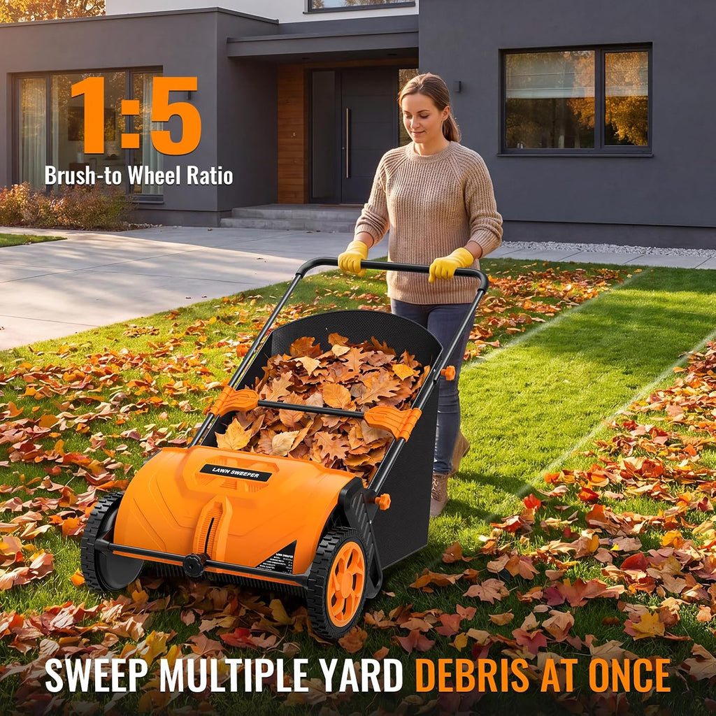26 Inch Push Lawn Sweeper, 3.8 Cu. ft Grass Cutter, Hopper Bag