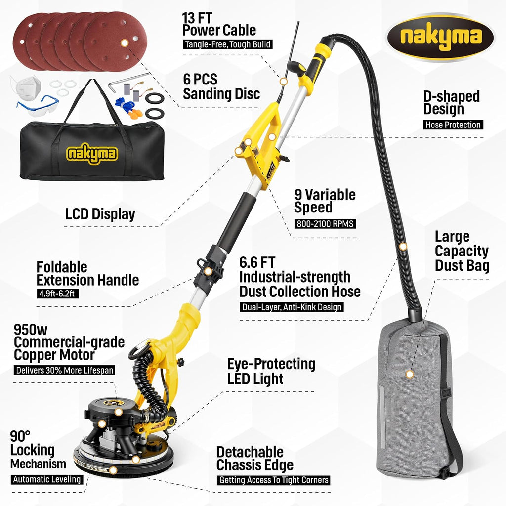 Drywall Sander, 950W 8.5A Electric Drywall Sander with Vacuum Dust Collector, 9 Variable Speed 800-2100RPM, Foldable