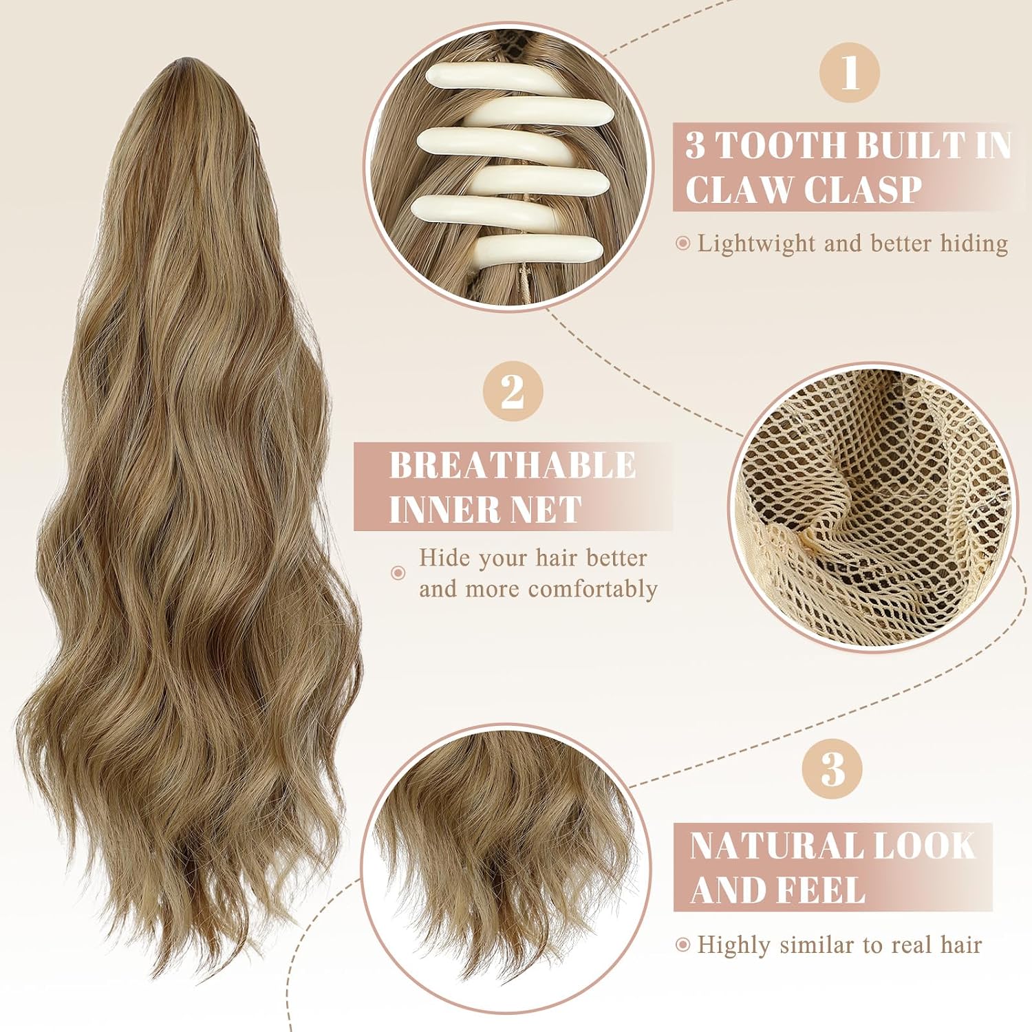 16" Ponytail Extension Long Curly Wavy Ponytails Clip in Claw Hair Extension Pony Tails Natural Looking Synthetic