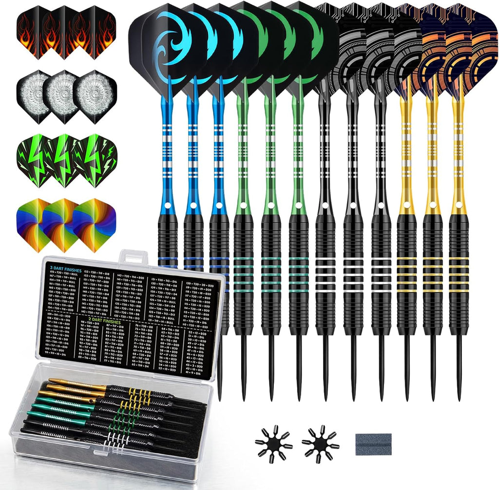 Darts 24g Steel Tip Darts Set 12 Pack – Professional Darts Metal tip Aluminum Shafts with Dart Sharpener, Darts