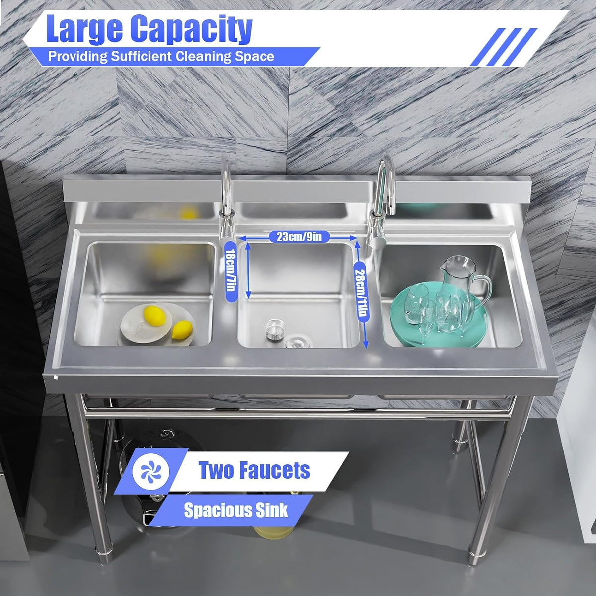 3 Compartment Kitchen Sink 304 Stainless Steel Utility Sink