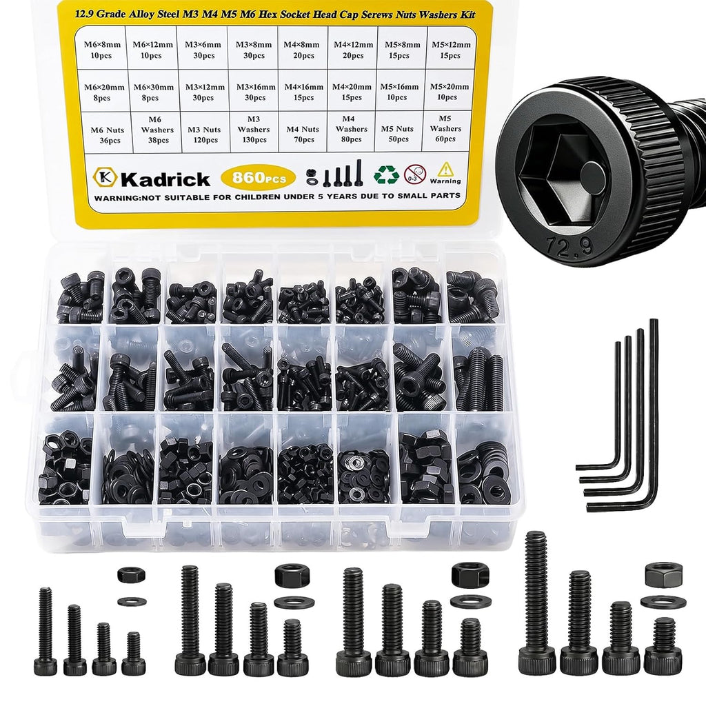 KADRICK 860PCS Metric Screws Assortment Kit,M6 M5 M4 M3 Hex Socket Head Cap