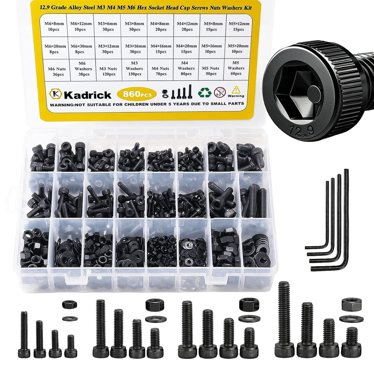 KADRICK 860PCS Metric Screws Assortment Kit,M6 M5 M4 M3 Hex Socket Head Cap