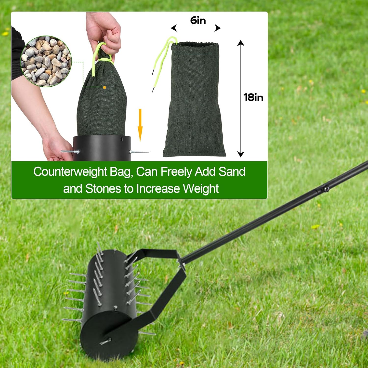 18-inch Rolling Lawn Aerator Tool, Handle Spike Aerator, Manual Rolling Aerator Lawn