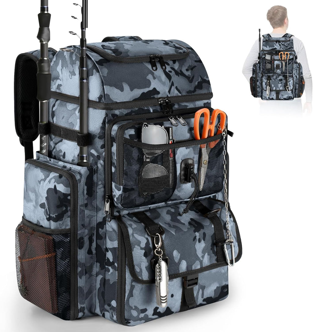 Fishing Tackle Backpack with Rod Holder, Large Tactical Backpack, Fishing Gear Tackle Box Tactical Backpack, Water