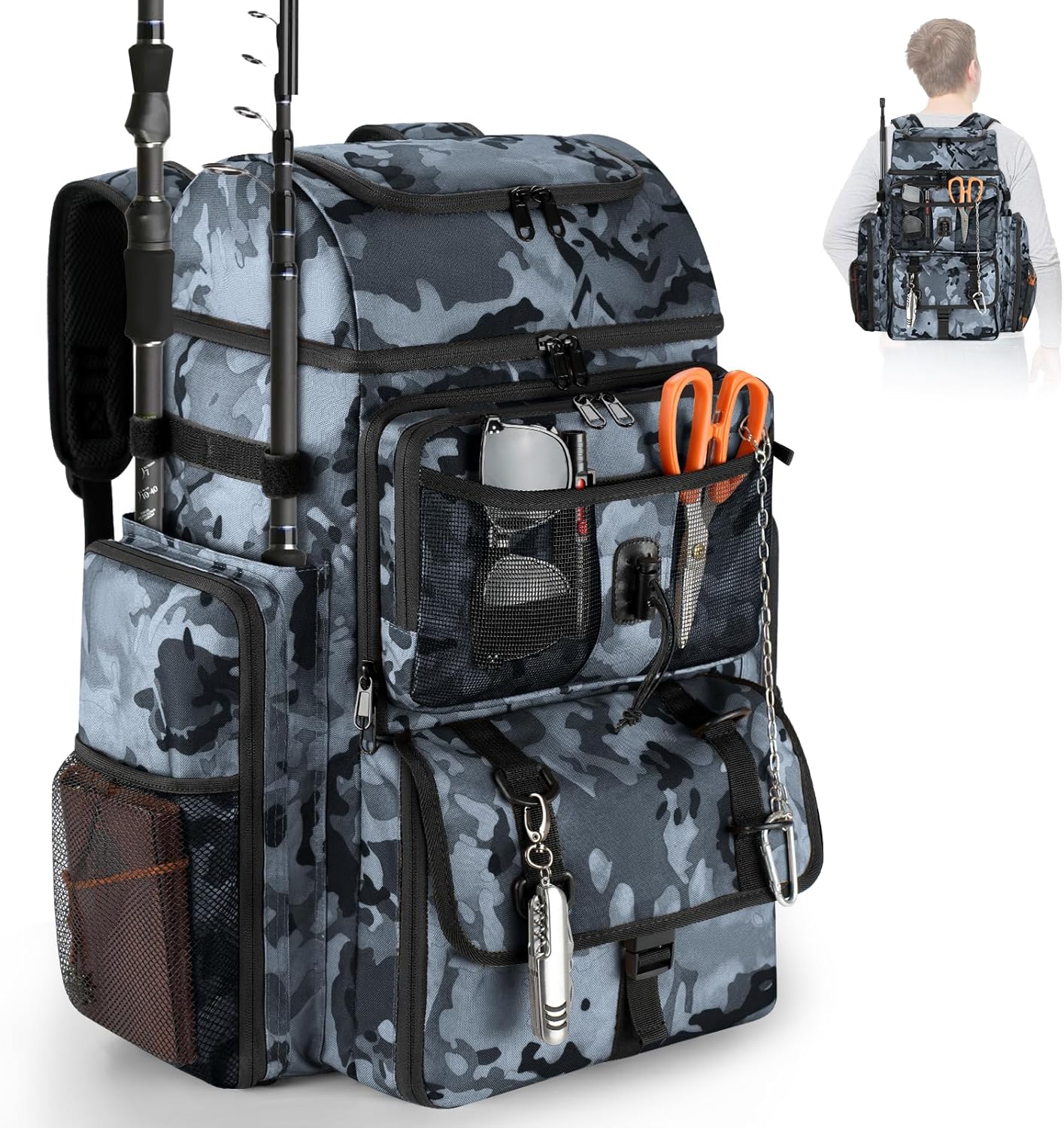 Fishing Tackle Backpack with Rod Holder, Large Tactical Backpack, Fishing Gear Tackle Box Tactical Backpack, Water