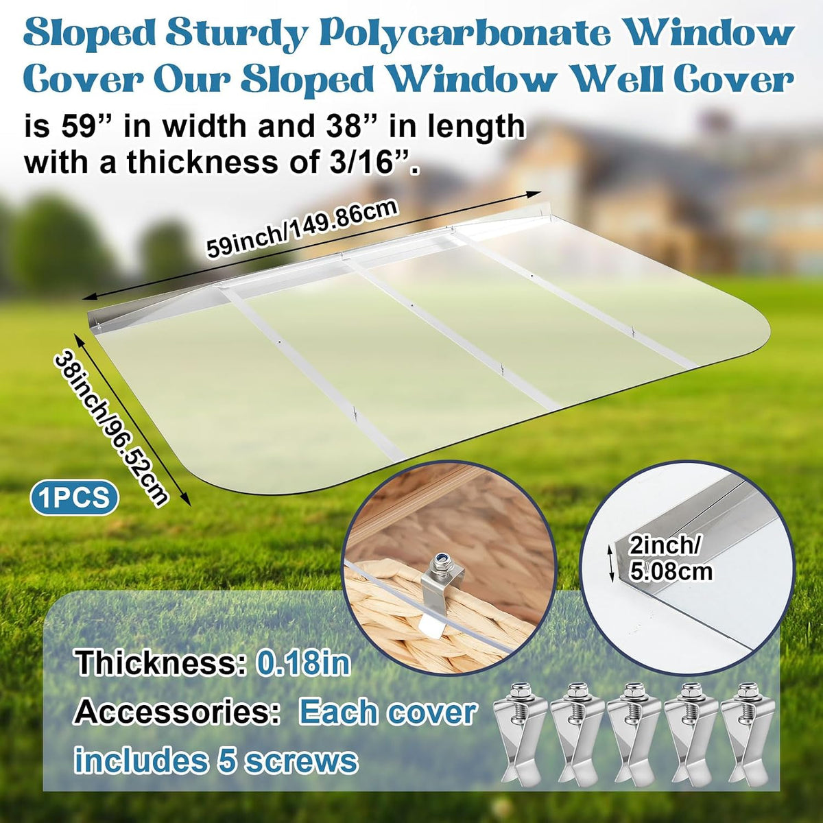1 Set 59 x 38 Inch Extra Large Heavy Duty Polycarbonate Egress Window Well Cover, Sloped Design, Weatherproof