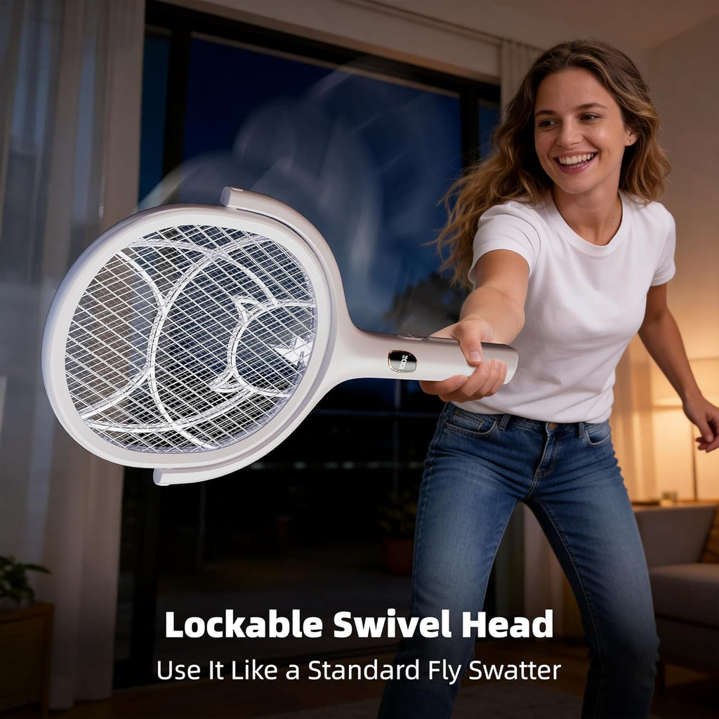 Electric Fly Swatter Racket with Rotating Head & Telescopic Handle | 2-in-1 Bug Zapper, 4100V Rechargeable Mosquito