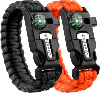 Paracord Bracelet, Pack of 2, Emergency Hiking Survival Kit Fire Starter Compass Whistle, 3 Wrist Sizes: Small Medium