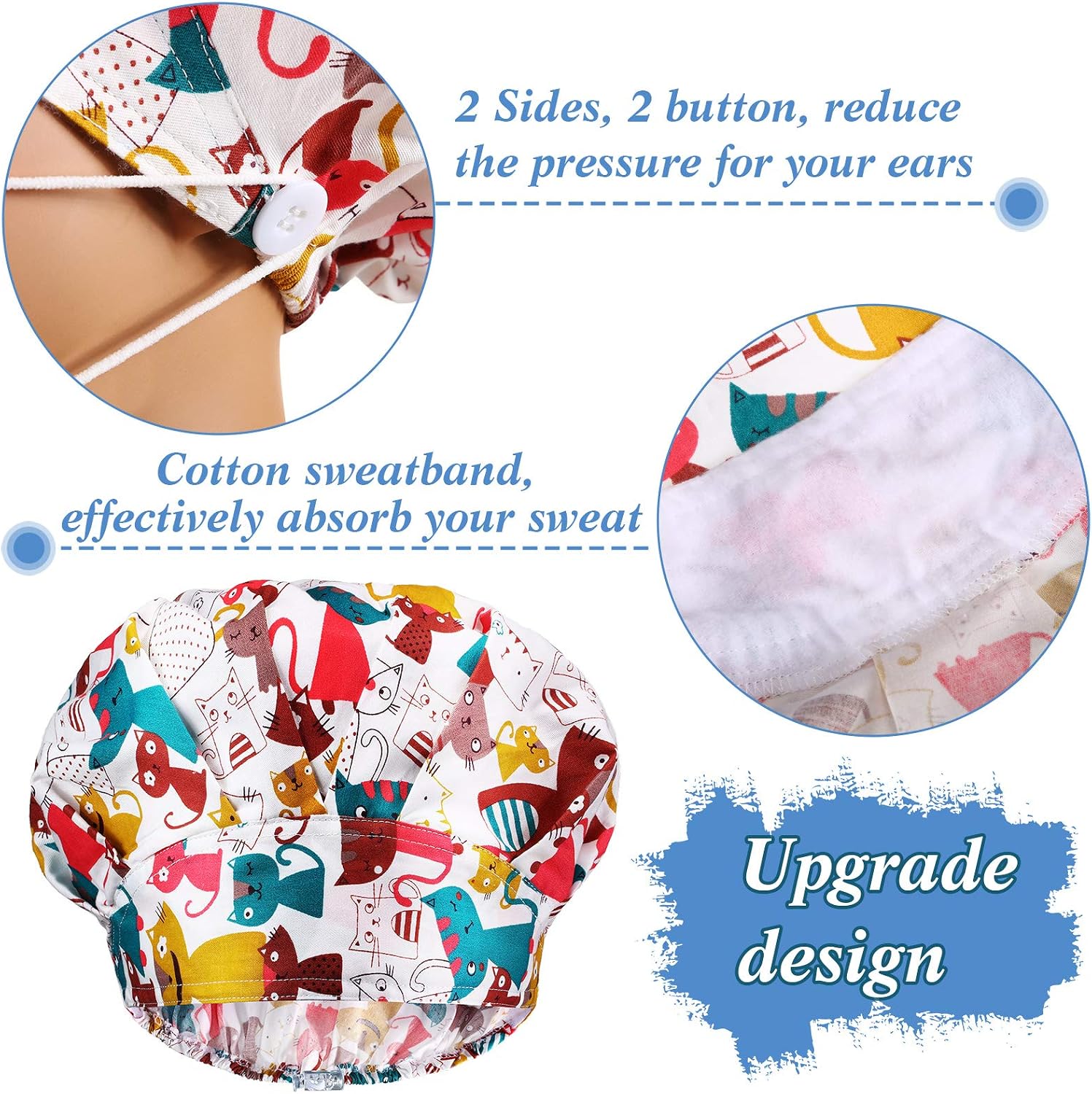 12 Pieces Bouffant Caps for Women Adjustable Nurse Working Hats with Button and Sweatband Printed Caps for Men Women