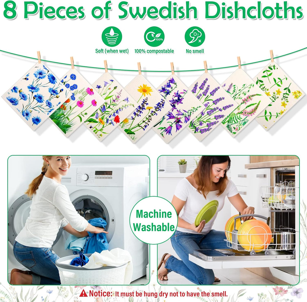 Swedish Dish Cloths for Kitchen, 8 Pack Reusable Kitchen Dish Rags Quick Drying Assorted Cleaning Towels for Counters