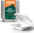 100% Compostable Clamshell Take Out Food Containers [8X8" 50-Pack] Heavy-Duty Quality to go Containers, Natural