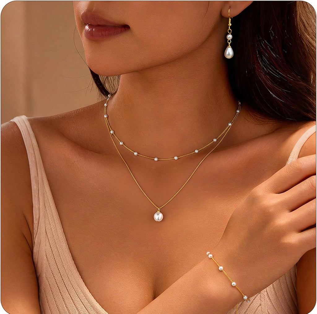 Gold Jewelry Set for Women - 16K Gold Plated Pearl Necklace and Earring Set With Drop Earrings,Charm Layered