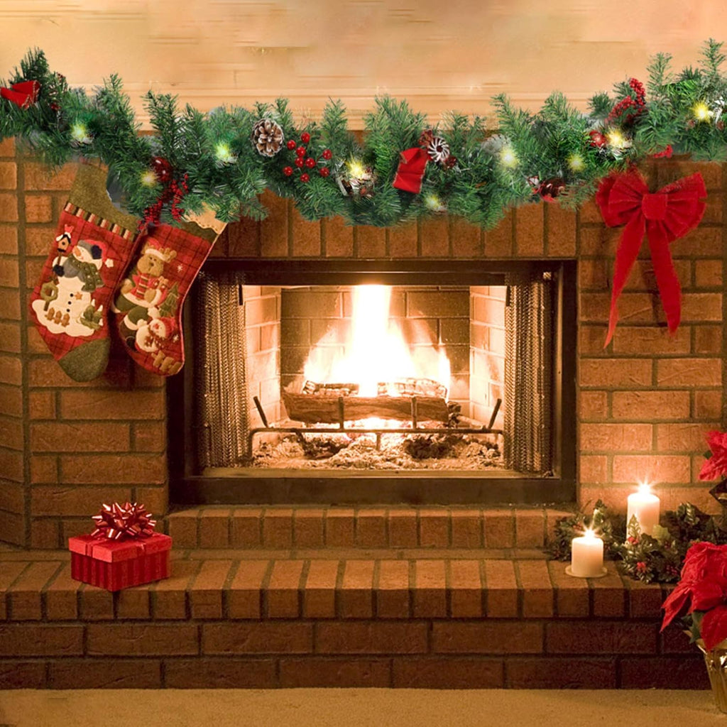 9 FT LED Christmas Garland with Pinecones Red Berries Bows Christmas Balls Candies, Multi-Function Christmas Garland