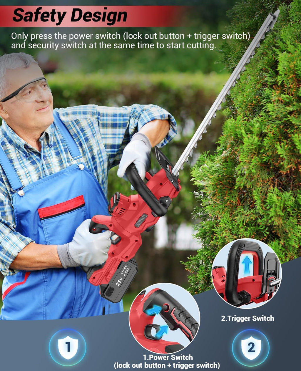 Hedge Trimmer Cordless, 21V Electric Hedge Trimmer with 4000mAh Rechargeable Battery, 14" Dual-Action Blades, 180°
