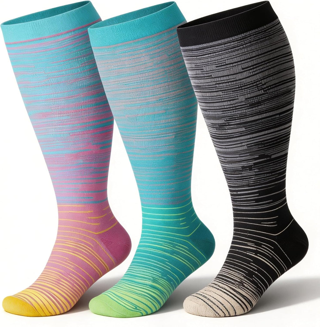 3 Pairs Wide Calf Compression Socks for Women Men 20-30 mmHg Knee High