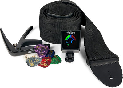 Starter Pack – Guitar Accessories Bundle | Capo, Clip-On Tuner, Pickholder Strap, and Multi-Color Pick Set |